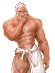 Rule 34 | 1boy, abs, arm hair, bara, bare pectorals, beard, blind, chest hair, dopey (dopq), facial hair, feet out of frame, hair slicked back, hand on own chin, highres, large pectorals, leg hair, looking at viewer, male focus, mature male, muscular, muscular male, mustache, naked towel, navel, navel hair, nipples, old, old man, overwatch, overwatch 1, pectorals, reinhardt (overwatch), scar, scar across eye, scar on face, seductive smile, short hair, smile, solo, stomach, thick eyebrows, thick thighs, thighs, towel, white hair, wrinkled skin
