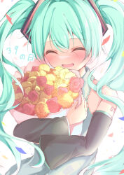 Rule 34 | 1girl, 39, absurdres, aqua hair, blush, bouquet, closed eyes, commentary, confetti, detached sleeves, flower, grey shirt, hatsune miku, highres, holding, holding bouquet, holding flower, long sleeves, miku day, open mouth, peko nyan, shirt, simple background, smile, solo, upper body, vocaloid, white background