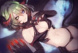 Rule 34 | 10s, 1girl, artist name, bare shoulders, black gloves, black sclera, blue eyes, blurry, blurry background, breasts, cleavage, cleavage cutout, clothing cutout, colored sclera, demon girl, demon horns, demon tail, demon wings, gloves, glowing, glowing hand, green eyes, green hair, hair between eyes, hand on own chest, heterochromia, horns, idolmaster, idolmaster cinderella girls, lips, looking at viewer, matching hair/eyes, medium breasts, meto31, midriff, mole, mole under eye, navel, o-ring, o-ring top, short hair, smile, solo, stomach, tail, takagaki kaede, thighs, wings