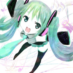 Rule 34 | 1girl, aqua hair, detached sleeves, from above, hatsune miku, long hair, looking at viewer, looking up, musical note, necktie, open mouth, skirt, solo, thighhighs, twintails, vocaloid, wadapen