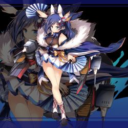 Rule 34 | 1girl, animal ears, azur lane, blue eyes, blue hair, breasts, detached sleeves, hand fan, folding fan, full body, hair ornament, highres, holding, holding fan, jianren, jintsuu (azur lane), large breasts, long hair, long sleeves, looking at viewer, miniskirt, obi, official art, ribbon, sash, skirt, smile, solo, standing, tail, turret, white skirt, wide sleeves, zoom layer