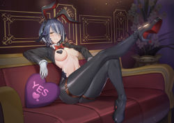 Rule 34 | 1girl, au ra, warrior of light (ff14), black hair, black horns, blush, bow, bowtie, breasts, commission, couch, dragon girl, dragon horns, final fantasy, final fantasy xiv, heart pasties, high heels, horns, leg up, legs folded, long sleeves, looking at viewer, medium breasts, meme attire, multicolored hair, navel, pasties, raijuu (bakanara), reverse bunnysuit, reverse outfit, short hair, sitting, solo, thigh strap, two-tone hair, yellow eyes, yes-no pillow