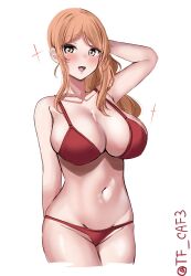 Rule 34 | 1girl, blonde hair, blush, bra, breasts, brown eyes, brown hair, cowboy shot, hair between eyes, highres, kantai collection, large breasts, littorio (kancolle), long hair, looking at viewer, navel, one-hour drawing challenge, open mouth, panties, polka dot, ponytail, red bra, red panties, smile, solo, sparkle, tf cafe, twitter username, underwear, wavy hair, white background