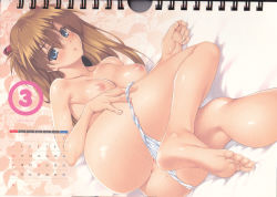 Rule 34 | 1girl, ass, barefoot, bed sheet, blue eyes, blush, breasts, brown hair, calendar, cle masahiro, collarbone, convenient censoring, dutch angle, feet, female focus, fingernails, hair between eyes, hair ornament, hand on thigh, highres, interface headset, legs, long hair, looking at viewer, lying, medium breasts, neon genesis evangelion, nipples, no bra, nude, on side, open mouth, orange hair, panties, panty pull, parted lips, removing panties, shiny skin, soles, solo, souryuu asuka langley, striped clothes, striped panties, sweat, thighs, toes, uncensored, underwear, white panties