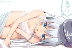Rule 34 | 10s, 1girl, bare shoulders, blue eyes, blurry, bow, collarbone, commentary request, covering privates, covering crotch, depth of field, dx (dekusu), hat, hibiki (kancolle), kantai collection, long hair, looking at viewer, lying, on side, open mouth, shirt, sleeveless, sleeveless shirt, solo, translated, white hair, white shirt