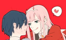 Rule 34 | 10s, 1boy, 1girl, bad id, bad twitter id, black hair, blue eyes, blush, couple, darling in the franxx, face-to-face, gassa bg, green eyes, highres, hiro (darling in the franxx), horns, lips, long hair, looking at another, military, military uniform, oni horns, pink hair, short hair, sweat, uniform, zero two (darling in the franxx)