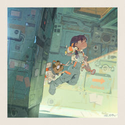 Rule 34 | 1girl, boots, border, brown hair, commentary, dog, english commentary, film grain, glasses, goggles, grey footwear, grey pants, hjl, holding, long hair, low twintails, mecha, no headwear, original, pants, robot, serious, solo, spacecraft interior, spacesuit, suspenders, twintails, v-shaped eyebrows, white border