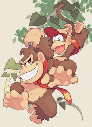 Rule 34 | 2boys, animal, animal focus, baseball cap, brown eyes, clenched teeth, commentary request, diddy kong, donkey kong, donkey kong (series), full body, hand on another&#039;s shoulder, hat, hoshikuzu pan, monkey, monkey tail, multiple boys, navel, necktie, nintendo, no humans, open mouth, plant, red headwear, red necktie, simple background, smile, tail, teeth, vines