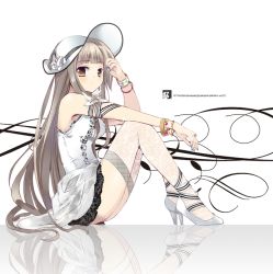Rule 34 | 1girl, blue nails, bracelet, brown eyes, dress, flower, from side, full body, grey hair, hat, high heels, jewelry, legs, looking at viewer, nail polish, original, reflection, ring, shoes, short dress, sitting, sleeveless, sleeveless dress, solo, takashina masato, thighhighs, thighs