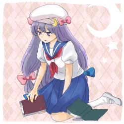 Rule 34 | 1girl, alternate costume, bad id, bad pixiv id, book, bow, crescent, female focus, hat, long hair, natsume (menthol), natsume (pixiv), patchouli knowledge, pink bow, purple eyes, purple hair, school uniform, solo, tears, touhou