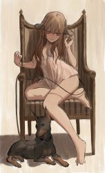 Rule 34 | 1girl, absurdres, animal, barefoot, blonde hair, breasts, collar, demon horns, dobermann, dog, dress, full body, gold can, highres, horns, long hair, looking at viewer, original, simple background, sitting, sleeveless, sleeveless dress, solo, throne, white background, white dress