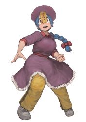 Rule 34 | 1girl, absurdres, blue hair, bow, braid, braided ponytail, chanta (ayatakaoisii), dress, full body, grey footwear, hair bow, hat, highres, jiangshi, jiangshi (chanta), long hair, looking at viewer, open mouth, original, pants, purple dress, purple hat, red bow, red eyes, shoes, simple background, single braid, solo, track pants, white background, wide-eyed, yellow pants