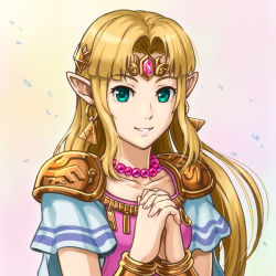 Rule 34 | 1girl, armor, blonde hair, collarbone, earrings, floating hair, gomi, green eyes, jewelry, long hair, looking at viewer, necklace, nintendo, own hands clasped, own hands together, parted lips, pointy ears, princess zelda, short sleeves, shoulder armor, smile, solo, super smash bros., the legend of zelda, the legend of zelda: a link between worlds, upper body, white background