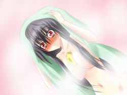 Rule 34 | 1girl, black hair, blush, breasts, censored, convenient censoring, full-face blush, hagami495, hair censor, hair over breasts, huge breasts, long hair, navel, red eyes, reiuji utsuho, solo, steam, surprised, third eye, touhou, towel, towel on head, wide-eyed