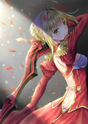 Rule 34 | 10s, 1girl, absurdres, aestus estus, ahoge, backless dress, backless outfit, blonde hair, braid, breasts, butt crack, dress, epaulettes, fate/extra, fate/grand order, fate (series), french braid, green eyes, hair intakes, highres, juliet sleeves, long sleeves, looking at viewer, looking back, medium breasts, nero claudius (fate), nero claudius (fate) (all), nero claudius (fate/extra), over shoulder, petals, puffy sleeves, sideboob, smile, solo, tobychou, weapon, weapon over shoulder