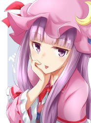 Rule 34 | 1girl, blue bow, blue ribbon, blunt bangs, bow, bowtie, commentary request, crescent, crescent pin, hair bow, hand on own chin, hat, hat ribbon, long hair, looking at viewer, mob cap, patchouli knowledge, purple eyes, purple hair, ram hachimin, red bow, red bowtie, red ribbon, ribbon, simple background, solo, tongue, tongue out, touhou, upper body, wide sleeves