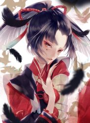 Rule 34 | 10s, 1boy, absurdres, armor, bird, black hair, blurry, brown eyes, depth of field, feather hair ornament, feathers, fingernails, frilled sleeves, frills, feather hair ornament, hair ornament, highres, japanese armor, japanese clothes, kogarasumaru (touken ranbu), light particles, lips, long fingernails, long sleeves, makeup, male focus, nipponia nippon, parted lips, pom pom (clothes), ponytail, sharp fingernails, shoulder armor, silhouette, sode, solo, teeth, touken ranbu, upper body, white background