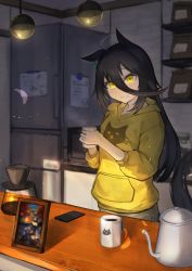 Rule 34 | 1girl, absurdres, ahoge, alternate costume, animal ears, artist self-reference, black hair, blush, cellphone, commentary request, cup, earrings, hair between eyes, highres, holding, holding cup, hood, hood down, hoodie, horse ears, horse girl, horse tail, indoors, jewelry, kitchen, long hair, manhattan cafe (umamusume), mug, parted lips, phone, photo (object), picture frame, refrigerator, rottenpizza, single earring, smartphone, solo, steam, tail, teapot, umamusume, yellow eyes, yellow hoodie