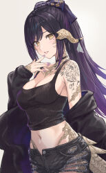 Rule 34 | 1girl, absurdres, au ra, bare shoulders, black choker, black jacket, black shorts, black tank top, bow, breasts, choker, cleavage, commentary, commission, cowboy shot, crop top, dragon girl, dragon horns, dragon tail, enporion, final fantasy, final fantasy xiv, finger to mouth, fingernails, hair bow, hand up, highres, horns, jacket, jacket partially removed, long hair, long sleeves, looking at viewer, medium breasts, midriff, mole, mole under eye, nail polish, navel, parted lips, pink nails, ponytail, purple hair, scales, shorts, sidelocks, simple background, skeb commission, solo, stomach, tail, tank top, tattoo, torn clothes, torn shorts, warrior of light (ff14), yellow eyes