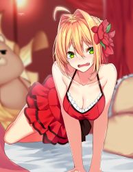 Rule 34 | 10s, 1girl, ahoge, arm support, bare shoulders, bed, blonde hair, blush, breasts, cleavage, collarbone, crying, crying with eyes open, dress, fang, fate/extra, fate/grand order, fate (series), flower, green eyes, hair between eyes, hair flower, hair intakes, hair ornament, highres, looking at viewer, medium breasts, nebusoku, nero claudius (fate), nero claudius (fate) (all), nero claudius (fate/extra), official alternate costume, on bed, open mouth, pillow, red dress, sleeveless, sleeveless dress, solo, stuffed toy, tears, v arms