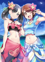 Rule 34 | 2girls, ;d, asymmetrical bangs, beach, black hair, blue sky, bracelet, breasts, brown eyes, brown hair, choker, closed mouth, commentary request, creatures (company), dusk ball, flower, game freak, gloria (pokemon), gloria (summer 2021) (pokemon), green eyes, hair flower, hair ornament, hibiscus, highres, holding, holding poke ball, jewelry, looking at viewer, marnie (pokemon), marnie (summer 2021) (pokemon), multiple girls, navel, necklace, nintendo, ocean, official alternate costume, one eye closed, open mouth, poke ball, pokemon, pokemon masters ex, sarong, sky, smile, v, water, yasu suupatenin, yuri