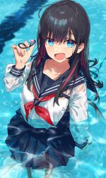 Rule 34 | 1girl, absurdres, black hair, blue eyes, highres, multicolored hair, original, partially submerged, school uniform, serafuku, solo, wading, water, wet, wet clothes, xkirara39x