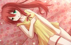 Rule 34 | 1girl, bed, bed sheet, bow, breasts, dress, floral print, green eyes, hair between eyes, head tilt, heterochromia, highres, kazenokaze, long hair, looking at viewer, lying, original, ponytail, red hair, short dress, small breasts, solo, thigh strap, yellow dress, yellow eyes