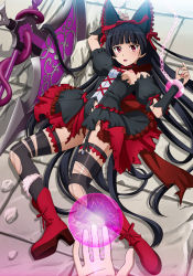 Rule 34 | 1girl, black garter straps, black hair, black thighhighs, blunt bangs, boots, breasts, chain, commission, cuffs, detached sleeves, energy ball, garter straps, gate - jieitai ka no chi nite kaku tatakaeri, gothic lolita, hairband, halberd, handcuffs, highres, hime cut, lips, lipstick, lolita fashion, lolita hairband, long hair, looking at viewer, lying, makeup, medium breasts, nipples, no bra, on back, one breast out, panties, panties around leg, parted lips, pink lips, pink panties, pixiv commission, polearm, pov, red eyes, red footwear, red ribbon, restrained, ribbon, rory mercury, shackles, thighhighs, tile floor, tiles, tooo, torn clothes, underboob, underwear, very long hair, weapon