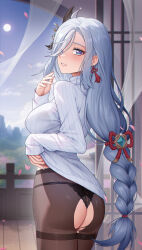 Rule 34 | 1girl, ass, black panties, blue eyes, blush, braid, breasts, brown pantyhose, from behind, full moon, genshin impact, grey hair, hair ornament, hayate (leaf98k), highres, large breasts, long hair, long sleeves, looking at viewer, looking back, low-braided long hair, low-tied long hair, moon, panties, pantyhose, parted lips, shenhe (genshin impact), smile, solo, sweater, thighband pantyhose, torn clothes, torn pantyhose, underwear, white sweater