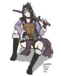 Rule 34 | 1girl, black footwear, black hair, boots, cm lynarc, expressionless, fire emblem, fire emblem awakening, forehead, full body, fur-trimmed footwear, fur-trimmed shirt, fur trim, high ponytail, highres, holding, holding weapon, long sleeves, looking at viewer, nintendo, puffy long sleeves, puffy sleeves, say&#039;ri (fire emblem), shirt, simple background, solo, thigh strap, weapon, white background