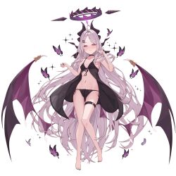 Rule 34 | 1girl, absurdres, ahoge, animal, barefoot, black bra, black choker, black horns, black panties, black wings, blue archive, blush, bra, breasts, bug, butterfly, choker, collarbone, demon horns, demon wings, full body, grey hair, groin, halo, highres, hina (blue archive), horns, insect, long hair, looking at viewer, multiple horns, navel, open mouth, panties, purple eyes, simple background, small breasts, solo, toes, underwear, underwear only, white background, wings, yozora (1wkdgusdn)