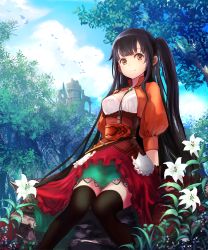 Rule 34 | 1girl, arm support, between breasts, bird, black hair, black thighhighs, breasts, brown eyes, castle, corset, cowboy shot, day, dress, flower, jewelry, knees together feet apart, light smile, long hair, looking at viewer, medium breasts, necklace, original, outdoors, side ponytail, sitting, solo, thighhighs, tree, uro (uro zi), very long hair, zettai ryouiki