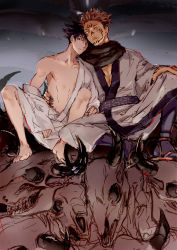 Rule 34 | 2boys, animal skull, barefoot, black hair, black scarf, blue eyes, closed mouth, clothes down, commentary request, extra eyes, facial tattoo, fingernails, full body, fushiguro megumi, hair between eyes, hand on another&#039;s hip, japanese clothes, jujutsu kaisen, kimono, looking at viewer, male focus, multiple boys, nori20170709, off shoulder, pile of skulls, pink hair, red eyes, ryoumen sukuna (jujutsu kaisen), sandals, scarf, sharp fingernails, short hair, sitting, skull, spiked hair, tabi, tattoo, white kimono, yaoi