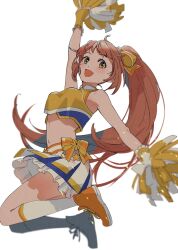 Rule 34 | 1girl, arm up, armpits, blurry, blurry background, blurry foreground, blush, bow, breasts, brown eyes, brown hair, cheering, cheerleader, cropped shirt, frilled skirt, frills, highres, holding, holding pom poms, idolmaster, idolmaster cinderella girls, idolmaster cinderella girls starlight stage, jumping, kneehighs, long hair, looking at viewer, medium breasts, midriff, navel, open mouth, pleated skirt, pom pom (cheerleading), pom poms, ponytail, ribbon, sayasaka, shirt, shoes, skirt, smile, sneakers, socks, solo, very long hair, wakabayashi tomoka, white socks, yellow ribbon, yellow shirt