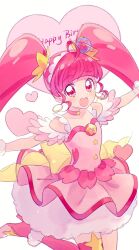Rule 34 | 1girl, choker, cure star, dress, earrings, fur cuffs, hair ornament, hairband, happy birthday, heart pouch, highres, hoop earrings, hoshina hikaru, jewelry, long hair, looking at viewer, magical girl, open mouth, pink choker, pink dress, pink eyes, pink hair, pink thighhighs, planet hair ornament, precure, qianxia yell, single thighhigh, smile, solo, star (symbol), star choker, star color pen, star color pendant, star hair ornament, star twinkle precure, thighhighs, very long hair