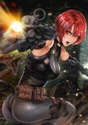 Rule 34 | 1girl, animal, artist name, ass, belt, belt pouch, black leotard, blurry, blurry background, bodysuit, breasts, commentary, covered collarbone, dino crisis, dinosaur, dual wielding, elbow gloves, firing, gloves, grey bodysuit, gun, h&amp;k mp5k, highleg, highleg leotard, highres, holding, holding weapon, holster, leotard, lips, magion02, medium breasts, open mouth, outstretched arms, pouch, red eyes, red hair, regina (dino crisis), shell casing, shiny clothes, short hair, signature, simple background, sleeveless, spread arms, submachine gun, sweat, sweatdrop, teeth, thigh holster, turtleneck, velociraptor, watermark, weapon