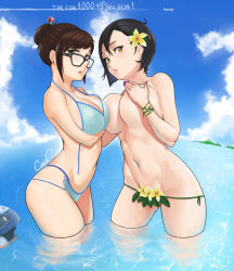 Rule 34 | 2girls, aircraft, airplane, areola slip, artist name, bare arms, bare shoulders, bead, bikini, black-framed eyewear, black hair, blue bikini, blue sky, blush, breast hold, breasts, brown hair, cash007, cleavage, cloud, cloudy sky, collarbone, contrail, covering privates, covering breasts, day, drone, earrings, eyelashes, fingernails, fisheye, flower, freckles, glasses, gluteal fold, groin, hair between eyes, hair bun, hair flower, hair ornament, hair stick, hand on breast, heart, heart-shaped pupils, highres, jewelry, large breasts, legs apart, legs together, long fingernails, looking at viewer, mei (overwatch), midriff, multiple girls, nail polish, navel, ocean, outdoors, overwatch, overwatch 1, partially submerged, pink lips, purple nails, robot, short hair, side-by-side, sidelocks, single hair bun, sky, snowball, snowflake earrings, standing, stomach, swept bangs, swimsuit, symbol-shaped pupils, teeth, topfreedom, topless, untied bikini, wading, water, wrist straps, yellow eyes, yellow flower