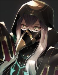 Rule 34 | armor, asclepius (fate), black jacket, breastplate, commentary request, eyebrows hidden by hair, facial mask, fate/grand order, fate (series), glowing, green eyes, grey background, hair between eyes, hand up, highres, hood, hood up, hooded jacket, jacket, koruta (nekoimo), long hair, long sleeves, looking at viewer, male focus, mask, mouth mask, open clothes, open jacket, silver hair, simple background, sleeves past fingers, sleeves past wrists, solo, upper body