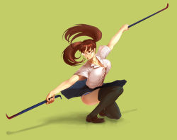 Rule 34 | 1girl, action, bad id, bad pixiv id, breasts, brown hair, cleavage, crowbar, glasses, holding, holding crowbar, kneeling, kurohachi, large breasts, on one knee, panties, pantyshot, skirt, solo, striped clothes, striped panties, thighhighs, twintails, underwear, weapon