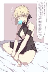Rule 34 | 1girl, absurdres, arm garter, artoria pendragon (alter swimsuit rider) (fate), artoria pendragon (alter swimsuit rider) (first ascension) (fate), artoria pendragon (fate), bare shoulders, barefoot, black one-piece swimsuit, black ribbon, blonde hair, braid, breasts, cleavage, cleavage cutout, clothing cutout, collarbone, dress swimsuit, fate (series), food, food in mouth, french braid, hair ribbon, highres, indian style, ishibori eregomos, legs, long hair, looking at viewer, medium breasts, mouth hold, one-piece swimsuit, pale skin, popsicle, ribbon, sitting, speech bubble, swimsuit, translation request, yellow eyes