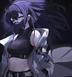 Rule 34 | 1girl, absurdres, armband, bare shoulders, belt, black gloves, black hair, black shirt, blue archive, blue eyes, breasts, coat, commentary, cropped legs, floating hair, gloves, hair between eyes, highres, long hair, long sleeves, mask, medium breasts, midriff, mochi (jun2743), mouth mask, no headwear, no navel, open clothes, open coat, revision, saori (blue archive), shirt, sleeveless, sleeveless shirt, solo, stomach, upper body, white coat