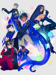 Rule 34 | 5boys, :d, :|, absurdres, arjuna (fate), arjuna alter (fate), arjuna alter (student council president) (fate), back, black cape, black eyes, black gloves, black hair, black jacket, black necktie, black pants, blazer, blonde hair, blue footwear, blue hair, blue necktie, blue pants, cape, closed mouth, collared shirt, commentary request, cu chulainn (fate), cu chulainn (fate) (all), cu chulainn (fate/stay night), cu chulainn alter (fate), cu chulainn alter (fate/grand order), dark-skinned male, dark skin, earrings, unworn eyewear, facepaint, fate/grand order, fate (series), formal, glasses, gloves, glowing horns, gradient hair, grey background, grey hair, hair between eyes, hat, highres, holding, holding removed eyewear, hood, hood up, horns, indian clothes, jacket, jewelry, lancer, light smile, long hair, long sleeves, looking at viewer, looking back, looking to the side, male focus, multicolored hair, multiple boys, necktie, nemo (fate), oda nobukatsu (fate), oda uri, official alternate costume, open mouth, pants, pantyhose, peaked cap, ponytail, red eyes, red pants, saint quartz (fate), saitou hajime (fate), semi (p-poco), shirt, short hair, shorts, sidelocks, simple background, sitting, sitting on object, sleeves past wrists, smile, spikes, star (symbol), tail, tattoo, teeth, toned, toned male, turban, twintails, two-tone hair, very long hair, white shirt