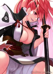 Rule 34 | 1girl, akisa yositake, arc system works, baiken, breasts, cleavage, eyepatch, guilty gear, japanese clothes, kimono, large breasts, long hair, pink eyes, pink hair, ponytail, sash, sheath, sheathed, sitting, smile, solo, sword, twitter username, weapon