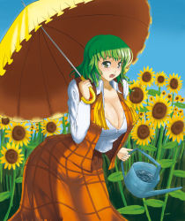 Rule 34 | 1girl, ascot, breasts, cleavage, female focus, flower, green eyes, green hair, huge breasts, jingoro, kazami yuuka, matching hair/eyes, mystic square, open clothes, open shirt, parasol, plaid, plaid skirt, plaid vest, plump, shirt, short hair, skirt, skirt set, solo, sunflower, sweat, touhou, touhou (pc-98), umbrella, untied, vest, watering can, wide hips
