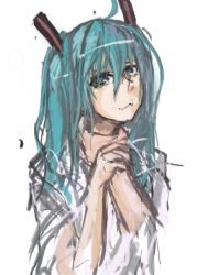 1girl :3 aqua_eyes aqua_hair asphyxiation commentary female_focus hair_ornament hatsune_miku long_hair panties_(pantsu-pirate) portrait simple_background sketch solo strangling twintails vocaloid white_background