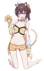 Rule 34 | 1girl, :d, ahoge, animal ear fluff, animal ears, animal hands, aqua eyes, bare legs, bare shoulders, barefoot, camisole, cat ears, cat tail, collarbone, commentary, full body, gloves, hair between eyes, hair ornament, hair scrunchie, hand up, highres, hololive, kemonomimi mode, kneeling, kuen (kuennn12), long sleeves, looking at viewer, natsuiro matsuri, natsuiro matsuri (matsuri&#039;s day off), navel, open mouth, paw gloves, scrunchie, short shorts, shorts, side ponytail, simple background, smile, solo, spaghetti strap, stomach, strap slip, tail, virtual youtuber, white background, yellow camisole, yellow scrunchie, yellow shorts