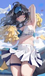 Rule 34 | 1girl, absurdres, animal ears, arm up, armpits, black hair, blue archive, blue eyes, breasts, bush, cheerleader, cleavage, closed mouth, commentary, detached collar, dog ears, dog girl, dog tail, drone, hibiki (blue archive), hibiki (cheer squad) (blue archive), highres, holding, holding pom poms, large breasts, leviathan (hikinito0902), long hair, navel, pleated skirt, pom pom (cheerleading), pom poms, skirt, solo, stomach, symbol-only commentary, tail, thigh strap, thighs, white skirt