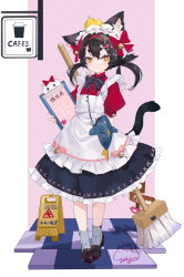 Rule 34 | 1girl, absurdres, animal ear fluff, animal ears, apron, bell, black bow, black footwear, black hair, black skirt, bow, broom, cat ears, cat girl, cat tail, caution, center frills, clipboard, closed mouth, commentary request, copyright request, eyebrows hidden by hair, fish hair ornament, frilled apron, frilled skirt, frills, grey socks, hair bell, hair between eyes, hair bow, hair ornament, hairclip, heart, heart-shaped pupils, highres, holding, jingle bell, jiujiuyatou (yayanzz), loafers, long hair, looking at viewer, pink background, polka dot, polka dot background, puffy short sleeves, puffy sleeves, red bow, red shirt, ribbed socks, shirt, shoes, short eyebrows, short sleeves, short twintails, sign, signature, skirt, socks, solo, symbol-shaped pupils, tail, thick eyebrows, twintails, two-tone background, wet floor, white apron, white background