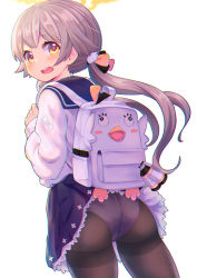 Rule 34 | 1girl, animal bag, backpack, bag, black pantyhose, blue archive, blue sailor collar, blue skirt, brown hair, cardigan, commentary, from behind, halo, hifumi (blue archive), highres, holding strap, kbisuco, long hair, looking at viewer, looking back, miniskirt, open mouth, panties, panties under pantyhose, pantyhose, ponytail, sailor collar, skirt, solo, teeth, underwear, upper teeth only, wardrobe malfunction, white cardigan, yellow eyes