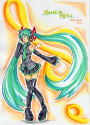 Rule 34 | colored pencil, colored pencil (medium), dated, detached sleeves, closed eyes, green hair, hatsune miku, headphones, long hair, maon, marker (medium), necktie, pencil, platform footwear, signature, solo, thighhighs, traditional media, twintails, very long hair, vocaloid, zettai ryouiki